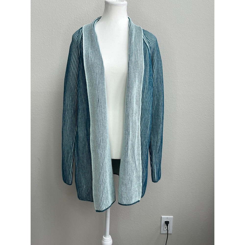 Lands End Drifter Cardigan Sweater Womens Large L 14-16 Teal White Stripe Cotton